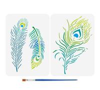 FINGERINSPIRE 2PCS Peacock Feather Painting Stencils 21x29.7cm with Paint Brush Plastic PET Birds Feathers Drawing Templates Feather Pattern Stencils Animal Theme Templates for Wall Floor Decor