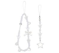FINGERINSPIRE 2PCS Pearl Beaded Mobile Phone Lanyard 2 Styles Acrylic Imitation Pearl Alloy Mobile Wrist Straps Clear Star Bow Tie Butterfly Pendant Charm Decoration for Phone ID Badge Keys Handbag