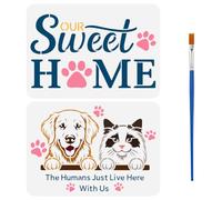 FINGERINSPIRE 2Pcs Pets Stencils with a Brush 29.7x21cm Cats and Dogs Painting Stencils Reusable PET Our Sweet Home Stencil Animal Theme Decoration Template for Painting on Wood Wall Floor Furniture