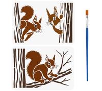 FINGERINSPIRE 2Pcs Squirrels in The Forest in Different Poses PET Stencil with a 16cm Paint Brush, 297x210mm Reusable DIY Craft Stencils for Painting on Wall Wood Furniture Fabric