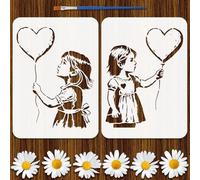 FINGERINSPIRE 2Styles Balloon Girl Pattern Stencils with a Brush 29.7x21cm Heart Balloon Graffiti Painting Stencils PET Banksy Themes Template for Painting on Wood Floor Tile Wall Fabric Fabric