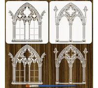 FINGERINSPIRE 2Styles Gothic Windows Stencils with a Brush 30x30cm Vintage Arch Painting Stencil European-Style Window Patterns Stencils PET Architecture and Local Themes Template for Floor Wall