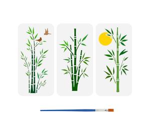 FINGERINSPIRE 3 Pcs Bamboo Drawing Stencil with A Paint Brush 30x15cm Moon Birds Painting Template Chinese Style Bamboo DIY Decoration Stencil for Painting on Wood Wall Fabric Furniture