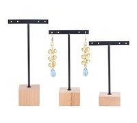 FINGERINSPIRE 3 Pcs Black Metal T Bar Earring Display Stand with Wooden Square Base 4 Holes Earrings T Stand Hanging Earring Organizer for Store Retail Photography Props（12 & 14 & 16 cm Height）