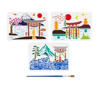 FINGERINSPIRE 3PCS 3Styles Torii Gate Painting Stencil with 1Pc Plastic Paint Brush 21x29.7cm Cherry Blossoms Stencil Torii Gate Scenery Template for Painting on Wall Wood Furniture DIY Home Decor