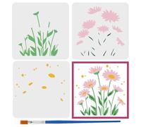 FINGERINSPIRE 3Pcs Layered Daisy Painting Stencils with a Paintbrush 15x15cm Reusable Layered Flower Pattern Painting Stencil Daisy Petal Leaves Branch Stencils for Wood Wall Furniture DIY Decor
