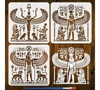 FINGERINSPIRE 3Styles Egyptian Murals Stencils with a Paint Brush 11.8x11.8 Inch Reusable Deities Pattern Stencil PET Pharaohs Decoration Stencils Egyptian Themes Template for Wood Fabric Furniture