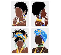 FINGERINSPIRE 4 Pcs Beauty African Tribal Girl Painting Stencils 11.7x8.3 inch Young Girl Face Silhouette Stencil Reusable PET Hollow Out Craft Template for Painting on Wall Wood Furniture