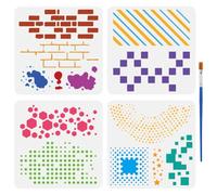 FINGERINSPIRE 4 Pcs Brick Pattern Painting Stencil with Brush 15x15cm 4 Style Graffiti Template Stripes Geometric Aarrangement Pop Art Drawing Stencil for Painting on Wood Wall Fabric Furniture