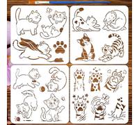 FINGERINSPIRE 4 Pcs Cute Little Cat Painting Stencils with Paintbrush 30x30cm Reusable Cat Paw Print Stencil Cat with Butterfly Stencil Animal Theme PET Stencils for Painting on Wood, Floor