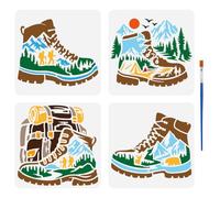 FINGERINSPIRE 4 Pcs Hiking Boots Stencils with a Brush 15x15cm Backpacks Stencils Natural Scenery Painting Stencil Mountains and Rivers Stencil Natural Themes PET Template for Wood Floor Wall DIY