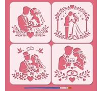 FINGERINSPIRE 4 Pcs Marriage Painting Stencils with Paintbrush 20x20cm Bride and Groom Stencils Wedding Decor Stencil Reusable Love Theme Stencil for Painting on Wood Wall Fabric Furniture