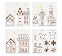 FINGERINSPIRE 4 Pcs Merry Christmas Drawing Stencil 30x30cm Christmas Tree Painting Template Gingerbread Houses Biscuit Snowflakes Star Decoration Stencil for Painting on Wood Wall Fabric Furniture