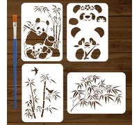 FINGERINSPIRE 4 Pcs Panda and Bamboo Painting Stencil with Brush 21x29.7cm Cute Panda Pattern Drawing Template Chinese Bamboo DIY Decoration Stencil for Painting on Wood Wall Fabric Furniture