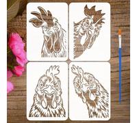 FINGERINSPIRE 4 Pcs Peeping Chicken Painting Stencil with Paintbrush 29.7x21cm Chicken Head Stencil Farmhouse Kitchen Decor Stencils for Painting on Wood, Canvas, Paper, Fabric, Floor, Wall