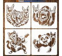 FINGERINSPIRE 4 Pcs Rocking Animals Painting Stencils with Paintbrush 20x20cm Reusable Tiger Gorilla Cat Panda Stencil Music Animal Stencil for Painting on Wood Fabric Wall Paper Furniture