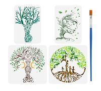 FINGERINSPIRE 4 Pcs Tree of Life Drawing Stencil with A Paint Brush 2 Size Goddess Tree Painting Template Human Shape Tree Moon Star Spiral DIY Decoration Stencil for Painting on Wood Wall Furniture