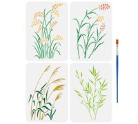 FINGERINSPIRE 4 Pcs Wheat Ears Painting Stencil with Brush 21x29.7cm 4 Styles Fall Plants Template Wild Grass Drawing Template Reeds Decor Stencil for Painting on Wood Wall Fabric Furniture