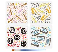 FINGERINSPIRE 4 Styles Vintage Music Elements Stencils with a Brush 15x15cm Guitar Pattern Stencils PET Musical Notes Painting Stencil Cassette Tape Stencil Music Themes Template for Wood Floor Wall