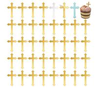 FINGERINSPIRE 40 Pcs Gold Mirror Crossing Cupcake Toppers 50x30mm Acrylic Cross Cake Toppers Cross Baptism Cake Toppers for Baptism Decor Babyshower Birthday Christian Party Decorations