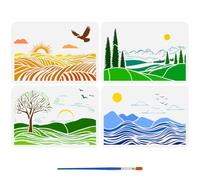 FINGERINSPIRE 4Pcs 4Styles Fields Scenery Painting Template with Brush 29.7x21cm Sun Clouds Painting Template Mountains Trees Painting Stencils Reusable DIY Art Craft Stencil for Wood Floor Wall