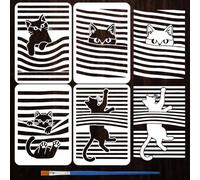 FINGERINSPIRE 4PCS Abstract Line Cat Painting Stencil with Paint Brush 21x29.7cm Decorative Cute Cats Drawing Template Plastic PET Line Patterns Stencil Animal Theme Template for DIY Crafts