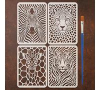 FINGERINSPIRE 4PCS Animal Print Stencils with a Brush 21x29.7cm Wild Animal Skin Pattern Stencil Zebra Cheetah Giraffe Tiger Template A4 Plastic Drawing Templates for DIY Crafts Home Decor