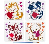 FINGERINSPIRE 4Pcs Animals and Hearts Stencils with Brush 15x15cm Cats Dogs Cubs Foxes with Hearts Painting Stencil Animal Theme Template Stencils for Diary Scrapbook DIY Craft, Wall Floor Decoration
