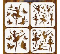 FINGERINSPIRE 4Pcs Ballet Painting Stencil with Paint Brush 15x15cm Silhouette Ballerina Stencil Template Reusable Plastic PET Butterflies Stencils for Painting on Wood Furniture Home Decor