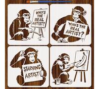 FINGERINSPIRE 4Pcs Banksy Painting Stencil with Brush 30x30cm Reusable Who's The Real Artist Monkey Stencil Chimpanzees Plastic Template Stencils Wall Art Graffiti Stencils for Painting on Wood Wall
