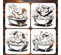 FINGERINSPIRE 4PCS Bathtub Animals Stencil With Paint Brush 20x20cm 4Styles Animals Taking a Bath Pattern Stencil Reusable Elephants Ducks Dogs Owls Stencils for Painting on Wood Wall Fabric Furniture
