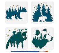 FINGERINSPIRE 4PCS Bear Forest Stencils for Painting with Brush 15x15cm Reusable Bear Silhouette Template Hollowed Trees Birds Stencil Plastic PET Animal Theme Template for Wall Floor Decoration