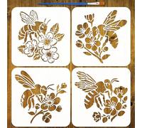 FINGERINSPIRE 4Pcs Bees Flowers Painting Stencil with Paintbrush 20x20cm Reusable Flower Bee Stencil Bee Theme Stencils Hollow Out Drawing Stencils for Painting on Wall Furniture Home Decor