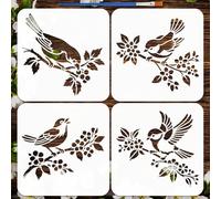 FINGERINSPIRE 4PCS Birds Tree Branches Stencil 7.9x7.9inch 4Styles Birds on Flower Branches Pattern Stencils Reusable Bird on Trees Pattern Stencil for Painting on Wood Wall Furniture DIY Home Decor