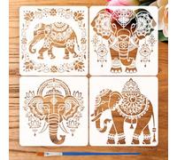 FINGERINSPIRE 4Pcs Boho Mandala Elephant Stencils with a Brush 25x25cm Indian Bohemian Style Painting Stencils Elephant Mandala Art Stencil Animal Themes PET Template for Wood Floor Tile Wall DIY