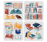 FINGERINSPIRE 4PCS Book Stencils for Painting 15x15cm Plastic PET Collection Books Templates to School Stencil Reusable Stacked Standing Book Drawing Stencil for Office Study Library Wall Decor Back