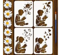 FINGERINSPIRE 4Pcs Boy and Girl Reading Stencils with Brush A4 29.7x21cm Universe Planets Butterflies Birds Stencil Reusable Human Reading Thinking Stencil for Wood Wall Furniture Crafts Decor