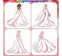 FINGERINSPIRE 4PCS Bridal Silhouette Pattern Painting Stencils with Paint Brush 5.9x5.9inch Bridal Dress Template Bride Silhouette Stencil DIY Crafts Character Theme Template for Wall Painting