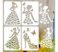FINGERINSPIRE 4PCS Butterfly Female Painting Stencil with Plastic Brush 21x29.7cm Woman Silhouette Drawing Template Butterfly Dress High Heel Stencil Fantasy Theme Template for Painting on Wood