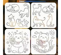 FINGERINSPIRE 4Pcs Cat Pattern Stencils with a Brush 7.9x7.9inch Animal Painting Stencil PET Sashiko Embroidery Themes PET Template for Painting on Wood Floor Tile Wall Fabric Furniture Scrapbook DIY