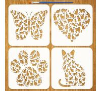 FINGERINSPIRE 4PCS Cat Shape Stencils with 1Pc Brush 20x20cm Cats Silhouettes Painting Stencil Hearts Butterflies Claws Shape Cats Template for Painting on Wood Wall Furniture DIY Home Decoration