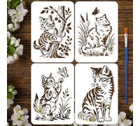 FINGERINSPIRE 4PCS Cat Stencils with a Brush 8.3x11.7inch Cat and Butterfly Stencil Cats with Plants Drawing Templates A4 Reusable Painting Stencil for DIY Home Decor Door Furniture