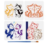 FINGERINSPIRE 4PCS Cats Stencils With Paint Brush 15x15cm Multiple Kittens Stencil Cat Silhouette Stencil Reusable Plastic Animal Theme Template for Painting on Wood Wall Furniture DIY Home Decoration