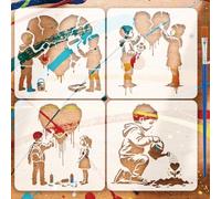 FINGERINSPIRE 4PCS Characters and Heart Stencils with a Brush 15x15cm Reusable Banksy Theme Stencils PET Plastic Drawing Template for Painting Wood Canvas Fabric Art Projects