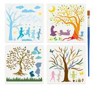 FINGERINSPIRE 4PCS Children Trees Stencils With Paint Brush 30x30cm 4Styles Children Playing Under the Trees Stencils Reusable Human Nature Templates for Painting on Wood Wall Furniture DIY Home Decor