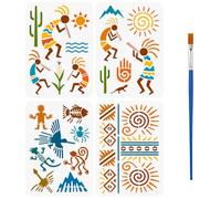 FINGERINSPIRE 4PCS Cocopelli Patterns Stencils with 1Pc Plastic Brush 21x29.7cm American Patterns Stencil Nazca Lines Stencil Tribal Themes Decorative Template for Painting on Wall Wood