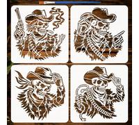 FINGERINSPIRE 4Pcs Cowboy Skull Western Painting Stencil with Paintbrush 30x30cm Skeleton Cowboy with Hat Stencils Reusable Plastic Hollow Out Drawing Templates for Painting on Wood Wall Fabric