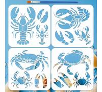 FINGERINSPIRE 4PCS Crabs Painting Stencils with Paint Brush 20x20cm Reusable Shrimps Pattern Stencils Ocean Animals Template for Painting on Wood Wall Fabric Furniture DIY Home Decoration