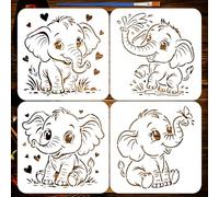 FINGERINSPIRE 4Pcs Cute Big-Eyed Elephant Painting Stencil with Paintbrush 20x20cm Elephant with Love Stencil Animal Silhouette Stencils Animal Theme Stencils for Painting on Wall Home Decor