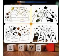 FINGERINSPIRE 4Pcs Cute Cat Painting Stencils with Paintbrush 11.7x8.3 inch 4 Styles Kitten in Box Stencil Cat Paws and Hearts Stencil Reusable Animal Theme Stencils for Adults Wall Furniture Decor
